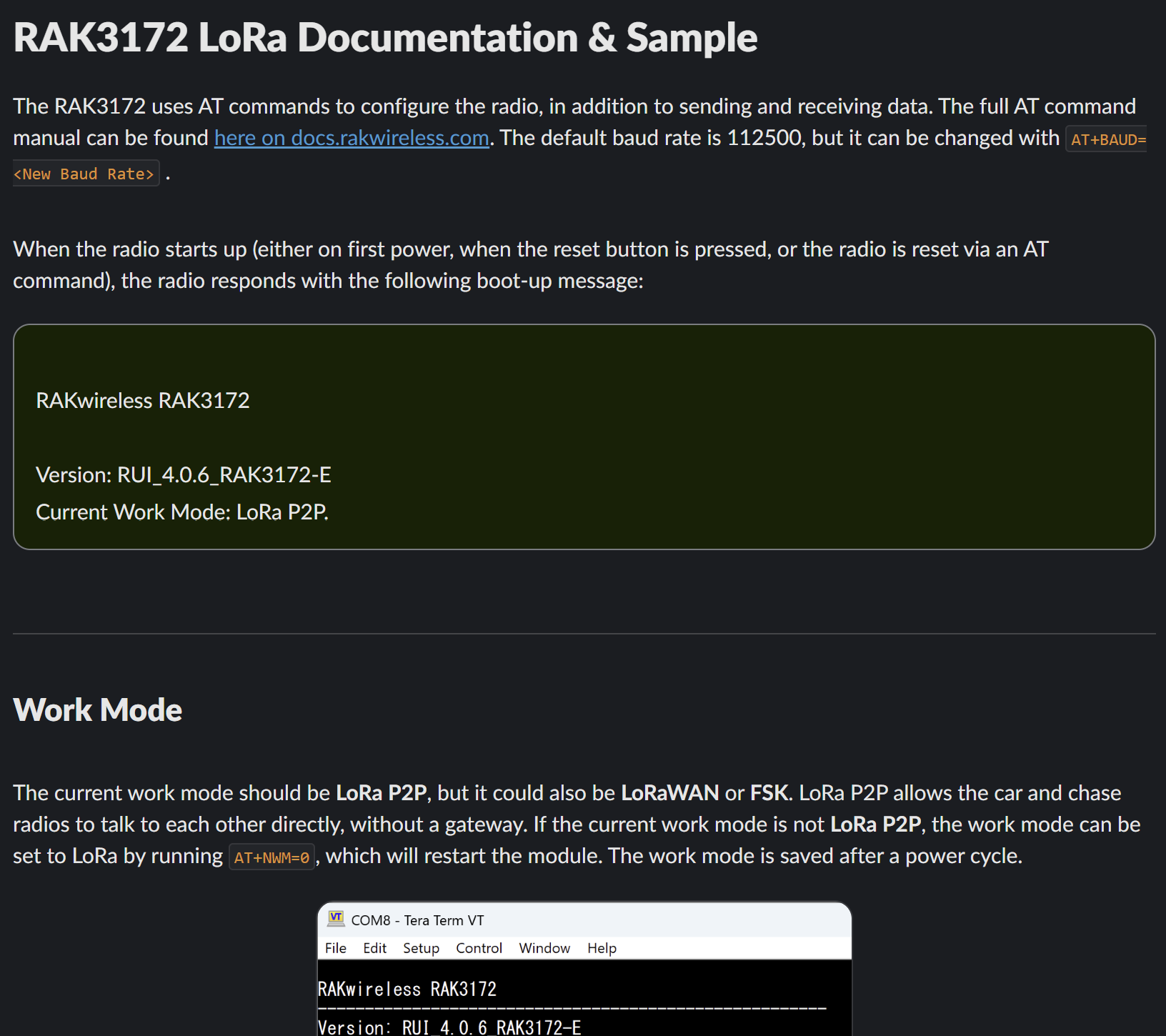 A screenshot of the start of the documentation page for the LoRa module