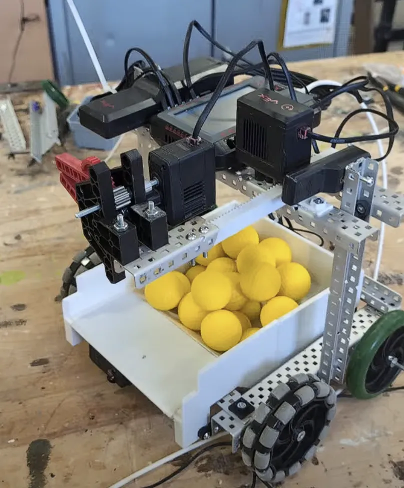 A photo of our robot, with a mix of vex robotics parts and custom 3D printed parts