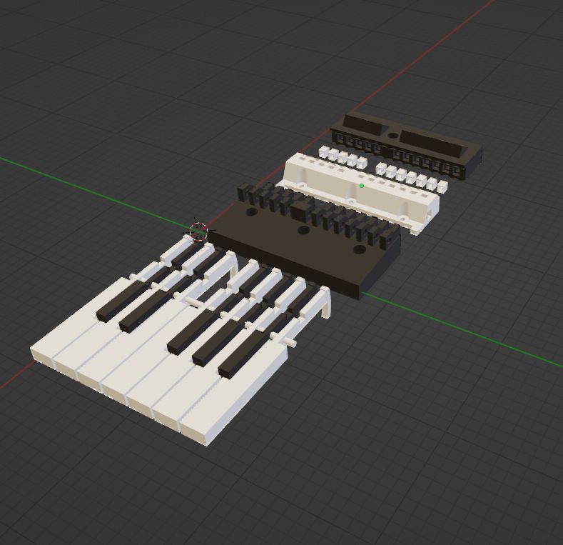 A screenshot of a 3D model showing the various parts of the pipe organ keyboard