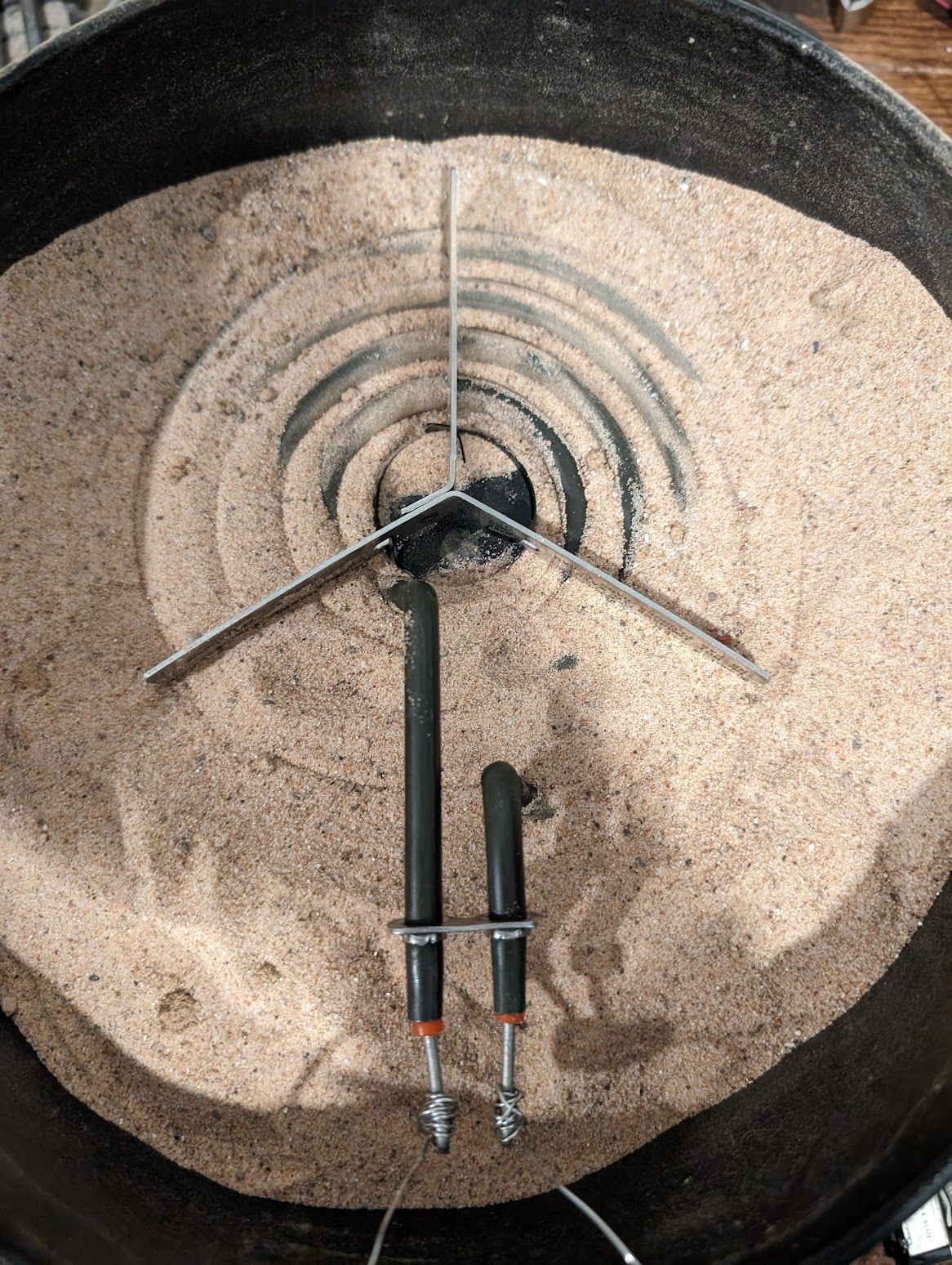 A cast iron pot filled with sand, and a heating element inside.